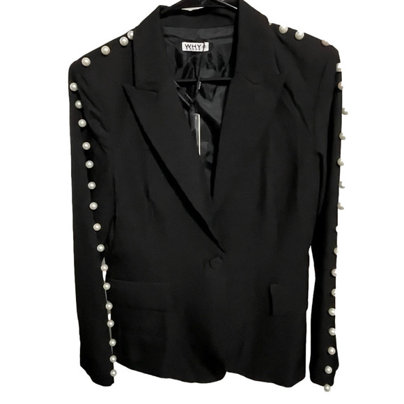 Why Dress Black Blazer Medium Pearl Embellished Edgy Studded Classic Elegant NWT - Picture 2 of 15
